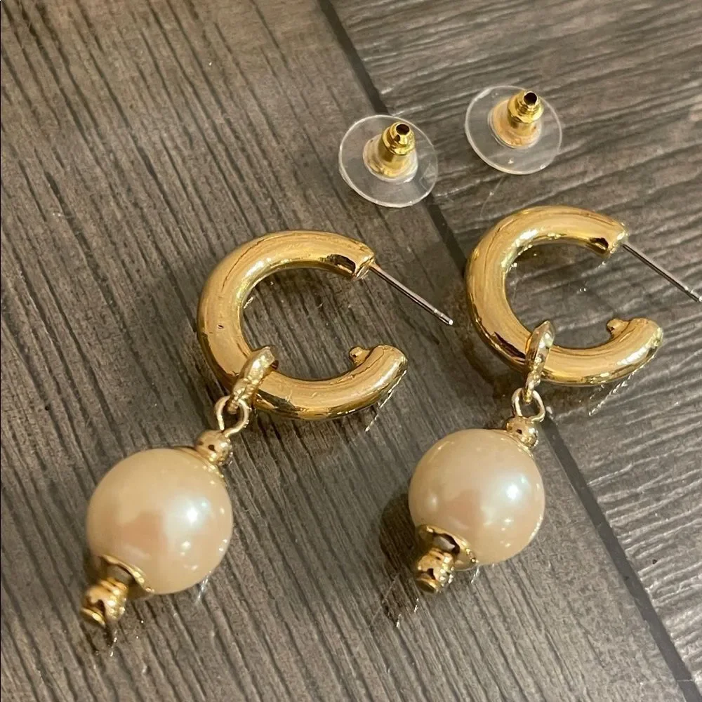 Vintage Gold-tone Hoops with Faux Pearl Charms- Drops - Picture 2 of 16
